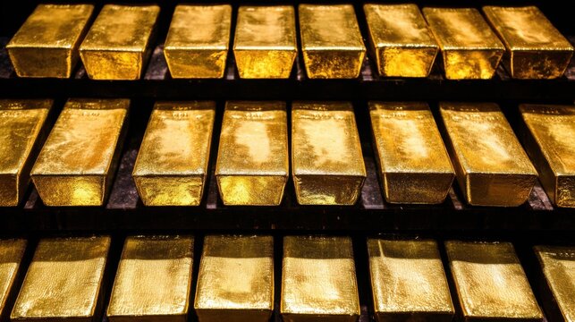 Golden Ingots: A visually striking display of meticulously stacked golden ingots, gleaming under studio lighting.