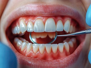 Fototapeta premium Close-up of open mouth showing clean healthy teeth and gums during dental examination with dental mirror held by gloved hand
