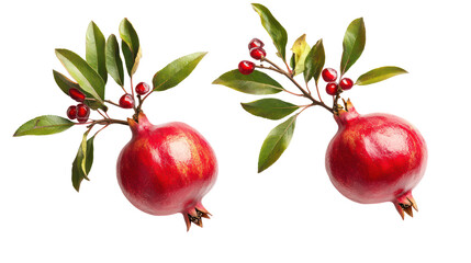 Two ripe red pomegranates with leaves and berries isolated on transparent background