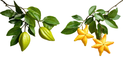 Two star fruit branches hanging with fruits on transparent background