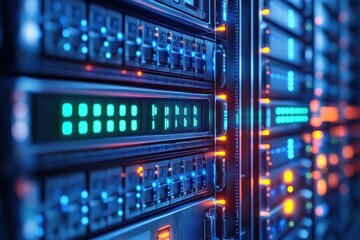 Close up view of data center server racks with illuminated status lights in blue, green, and orange hues creating a high-tech atmosphere