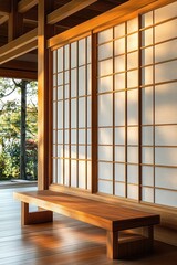 Traditional wooden Japanese interior with shoji sliding doors and a simple wooden bench bathed in warm natural light creating a calm atmosphere