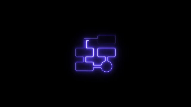 Purple neon flowchart icon with interconnected boxes and circle on black background diagram process