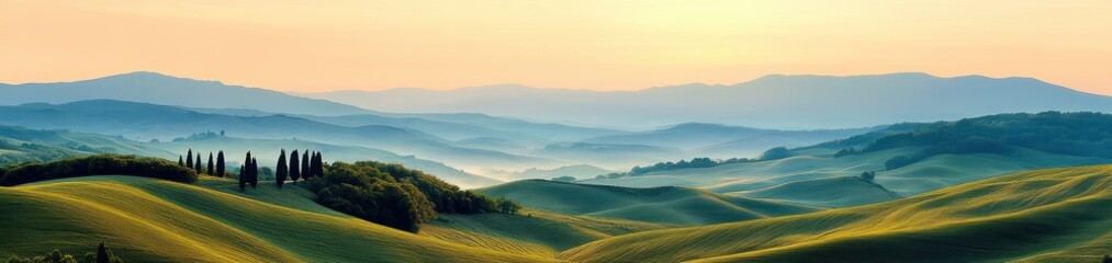 Fototapeta premium Rolling green hills under soft orange sky at sunrise with clustered dark cypress trees and distant misty mountains evoking calmness and tranquility