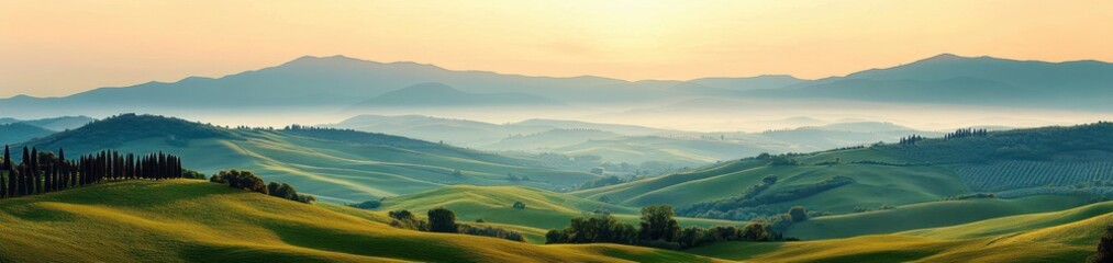 Obraz premium Panoramic view of rolling green hills under soft morning light with layers of distant mountains and scattered trees creating a peaceful and serene landscape