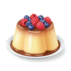 Classic dessert pudding served with fresh red berries and rich cream sauce, depicted in a realistic 2D flat vector illustration against a clean white background.