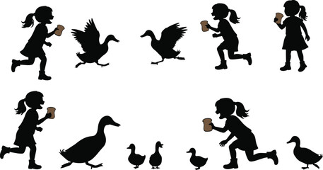 Children feeding ducks silhouette vector illustration, playful kids with ducklings, outdoor nature activity, rural lifestyle, animal interaction, countryside farming scene
