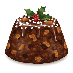 Traditional Christmas pudding, a rich and moist winter holiday dessert, is beautifully captured in a realistic 2D flat style illustration, isolated cleanly against a bright white studio background.
