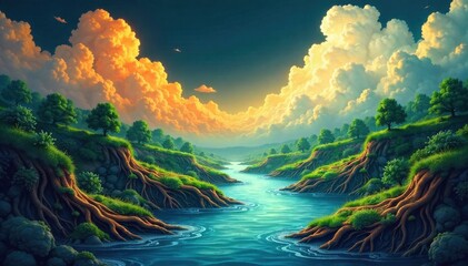 The Life Giving Cycle Water s Journey from Cloud to Earth and Back An ethereal, abstract depiction of the water cycle. Wisps of clouds transition into falling droplets, then flow into a stylized river