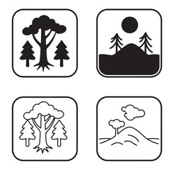 Minimalist nature icon set featuring trees hills and clouds in bold black and white designs