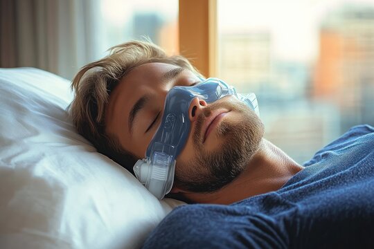Young man sleeping peacefully wearing a nasal CPAP mask with soft natural light coming through a window in the background