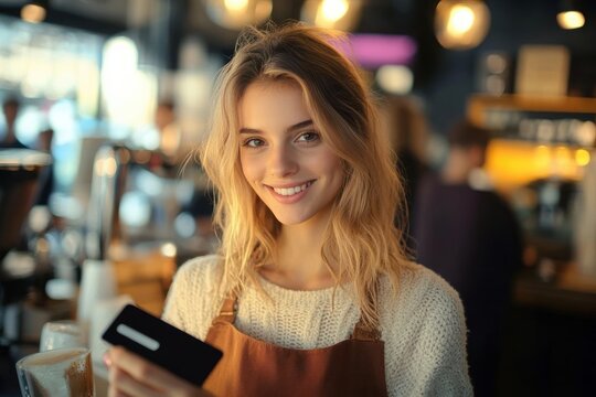 Smiling young woman wearing brown apron holding a credit card inside a warmly lit coffee shop