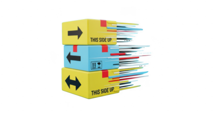 Stacked cardboard boxes with arrows isolated on transparent background, creative directional design