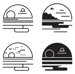 Minimalist scenic landscape illustrations with sun and clouds for digital design or branding
