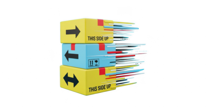 Stacked cardboard boxes with arrows isolated on transparent background, creative directional design