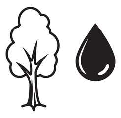 Monochrome illustration representing nature elements of a tree and a water droplet concept