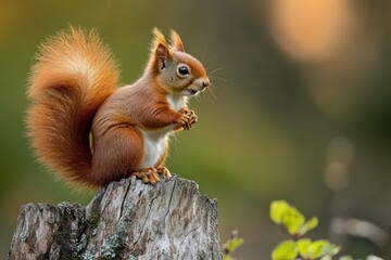 Cute red squirrel with bushy tail sitting on tree stump holding food in natural forest environment with blurred green and orange background