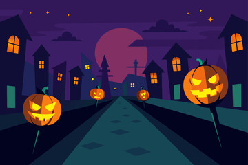 Fototapeta premium Glowing Pumpkin Lanterns Spooky Street Night