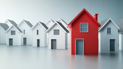 A row of small houses with one vibrant red house standing out among several white houses under a clear sky, symbolizing uniqueness and distinction