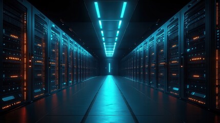 Fototapeta premium Long corridor illuminated with blue lights flanked by rows of high-tech server racks emitting orange and blue indicator lights in a modern data center