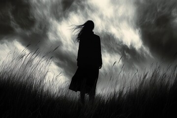 Silhouette of a person standing in tall grass with wind blowing hair against a dramatic cloudy sky, evoking a sense of solitude and mystery