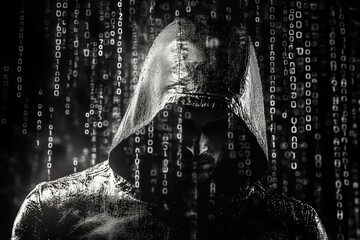 Mysterious figure in dark shiny hooded jacket with face partially obscured by falling binary code in black and white