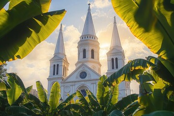 Three-towered white church framed by large tropical green leaves under a bright sky with soft sunlight and clouds