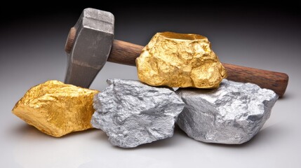 Mining Treasures: A captivating still-life featuring rough precious mineral, including gold and silver, alongside a robust hammer, embodying the essence of resource extraction and craftsmanship.