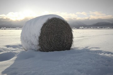 Large round hay bale partially covered with snow sitting in a vast snow-covered field with mountains and cloudy sky in the background