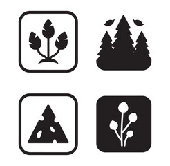 Set of minimalist nature icons featuring trees leaves cheese and plant symbols
