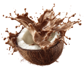 Chocolate splashes a halved coconut