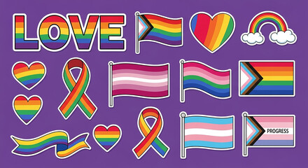 Pride lgbtq plus rainbow flag stickers and symbols concept