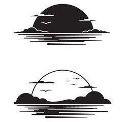 Silhouetted sunset over water with birds black and white vector illustration design