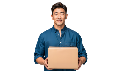 Friendly Asian man holding a cardboard box, smiling confidently at the camera, isolated on transparent background