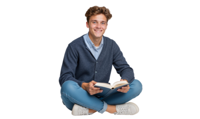 Handsome young man sitting cross-legged, holding an open book and smiling genuinely at the camera, isolated on transparent background
