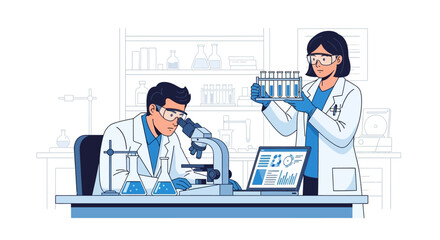 Scientists in a lab conducting research with microscope and test tubes.