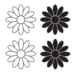 Simple black and white daisy flower illustrations displayed as floral design elements for decoration