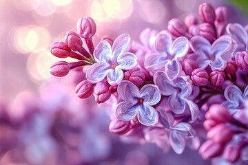 Close-up view of blooming lilac flowers with delicate purple petals and pink buds against soft pastel bokeh background creating a gentle and serene atmosphere