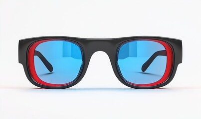 Close-up of modern black framed blue tinted sunglasses with red inner rims on a white surface