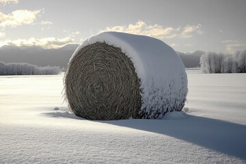 Large round hay bale partially covered in snow in a snowy field with distant mountains and frosted trees under a cloudy sky at sunset