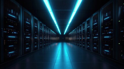 Fototapeta premium Futuristic data center corridor with rows of illuminated server racks and bright blue ceiling lights conveying high-tech atmosphere