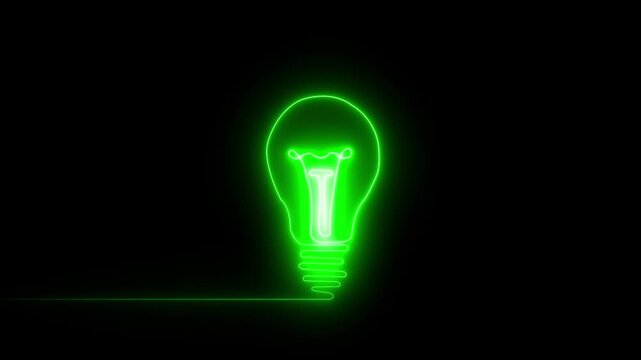 Animated icon of a glowing neon line idea set against a black background, Neon light blub icon animated on isolated black background.4k motion