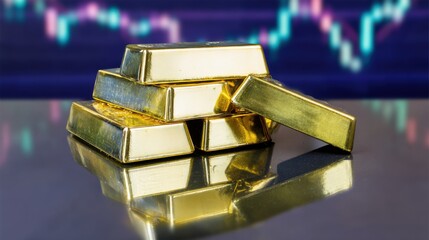 Golden Riches: The image showcases a collection of gleaming gold bars, each meticulously stacked, against a blurred backdrop of financial data, symbolizing wealth and economic strength. 