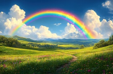 Naklejka premium Bright vivid rainbow arching over a lush green meadow filled with colorful wildflowers under a partly cloudy blue sky with rolling hills in the background