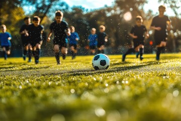 Young players running on a grassy soccer field towards a black and white soccer ball during a sunny day outdoor match