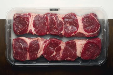 Top view of fresh raw red beef steaks arranged in two rows inside a clear plastic tray on a dark wooden surface
