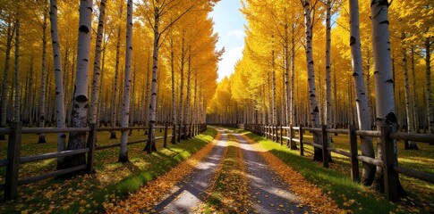 Sunlit Path Through a Birch Forest in Autumn A winding, unpaved path disappearing into a dense forest of white birch trees during peak autumn. The canopy is filled with golden yellow leaves, allowing