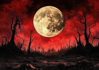 Large full moon glowing over a dark barren landscape with dead twisted trees silhouetted against a fiery red sky