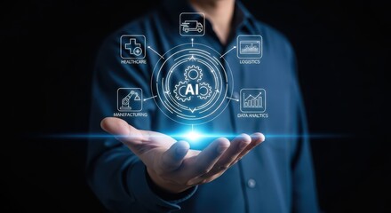 Businessman Presenting Artificial Intelligence (AI) Integration Across Multiple Industries with Glowing Digital Icons