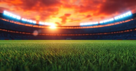 Sunset or sunrise over an empty sports stadium with lush green grass field under vibrant orange and red sky, illuminated by stadium lights